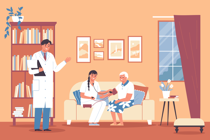 Nursing home doctor composition doctor and nurse pair up to monitor her health and take the old ladys blood pressure vector illustration